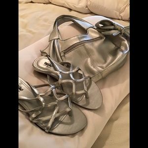 Silver Sandals with matching bag. Size 6.